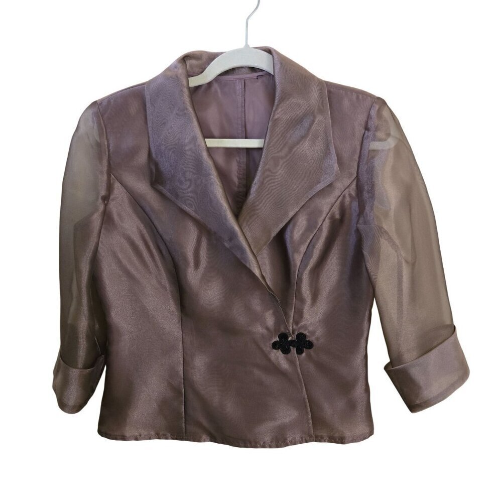 Stunning Vintage Bronze Organza Evening Jacket Black Beaded Closure Size S